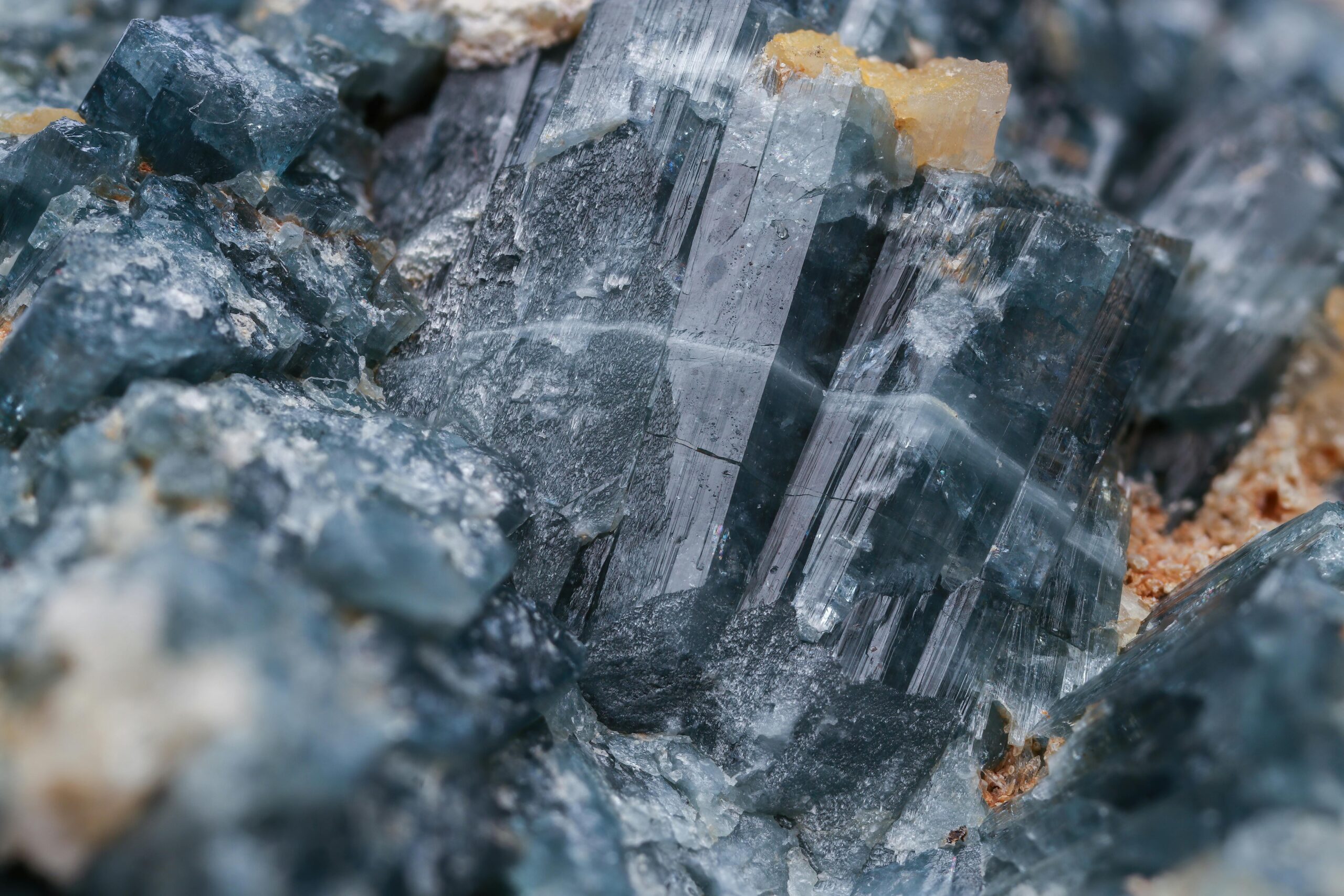 Products Close-up view of natural blue mineral crystal formations with textures.